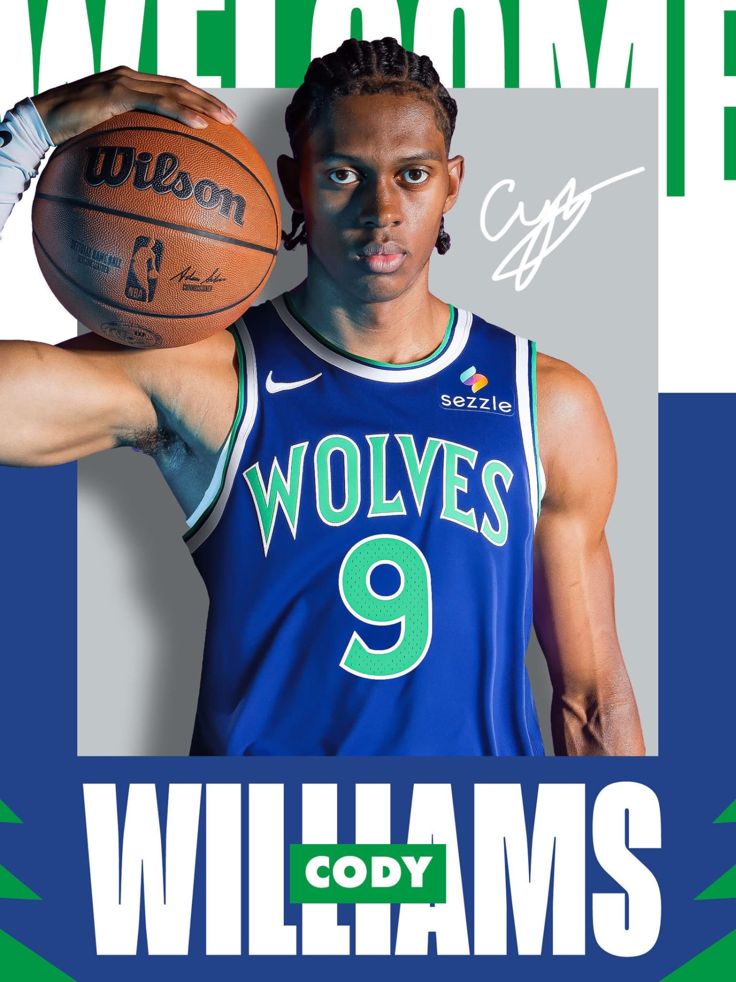 Cody Williams holding a basketball in a Wolves #9 jersey — welcome poster