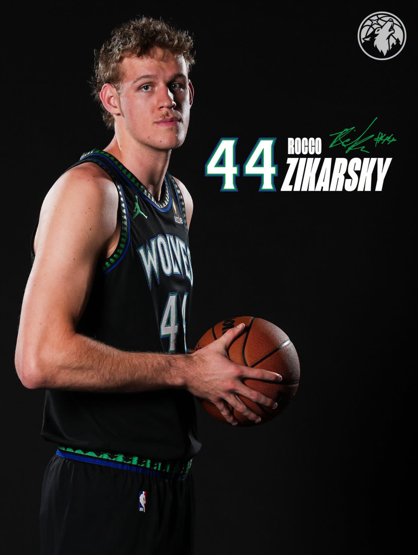 Rocco Zikarsky in a Timberwolves jersey — player portrait