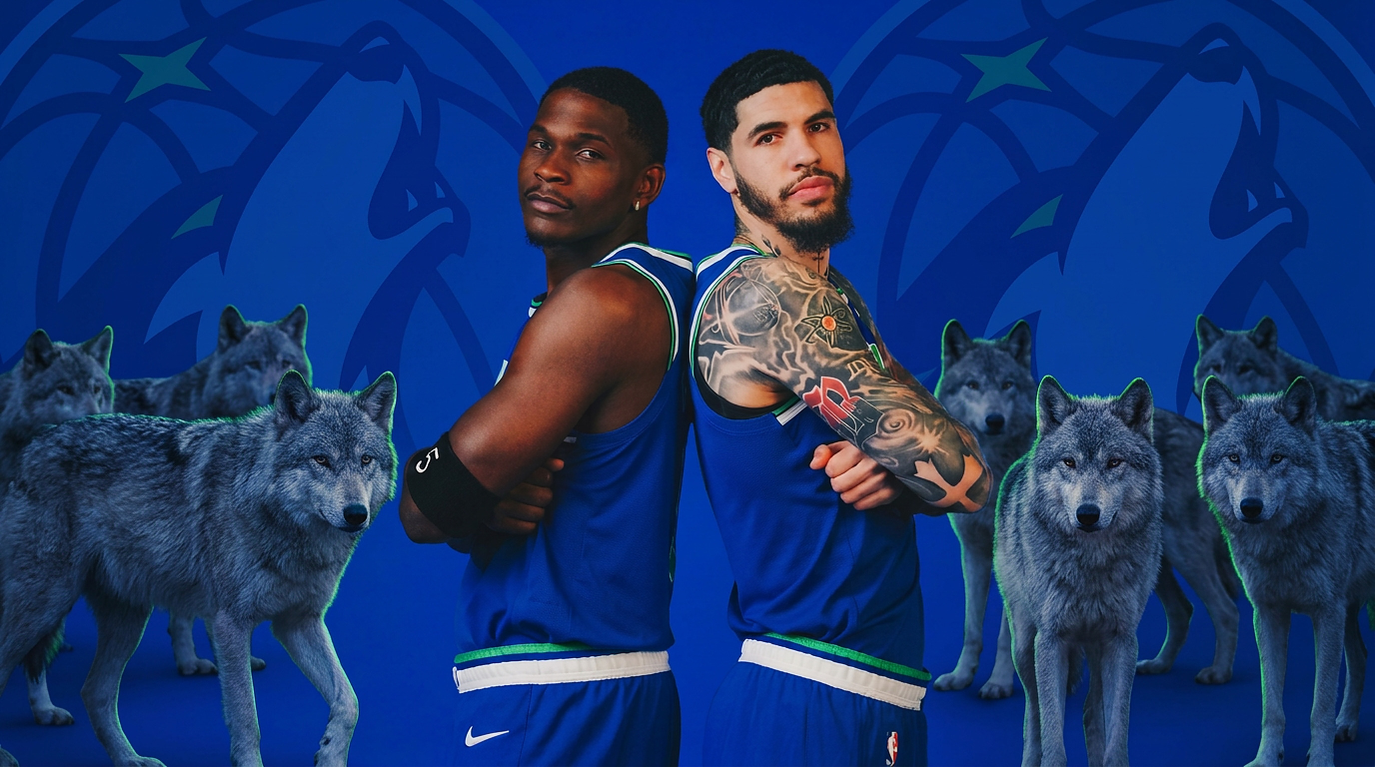 Anthony Edwards and LaMelo Ball back to back in Timberwolves blue with a pack of wolves behind them